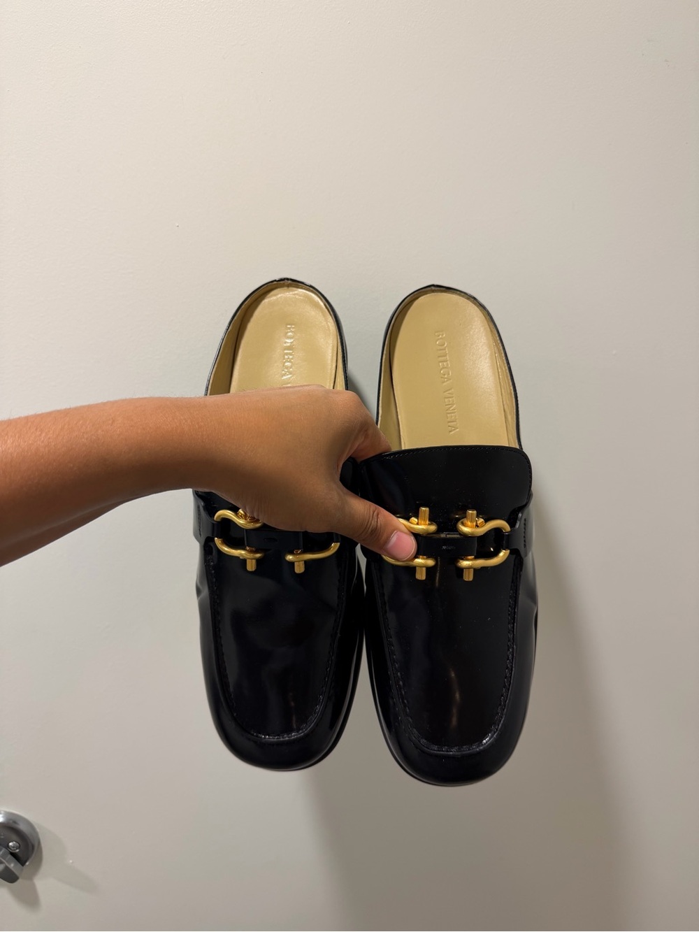 Bottega Veneta Black Leather Slip-On Loafers with Gold Hardware